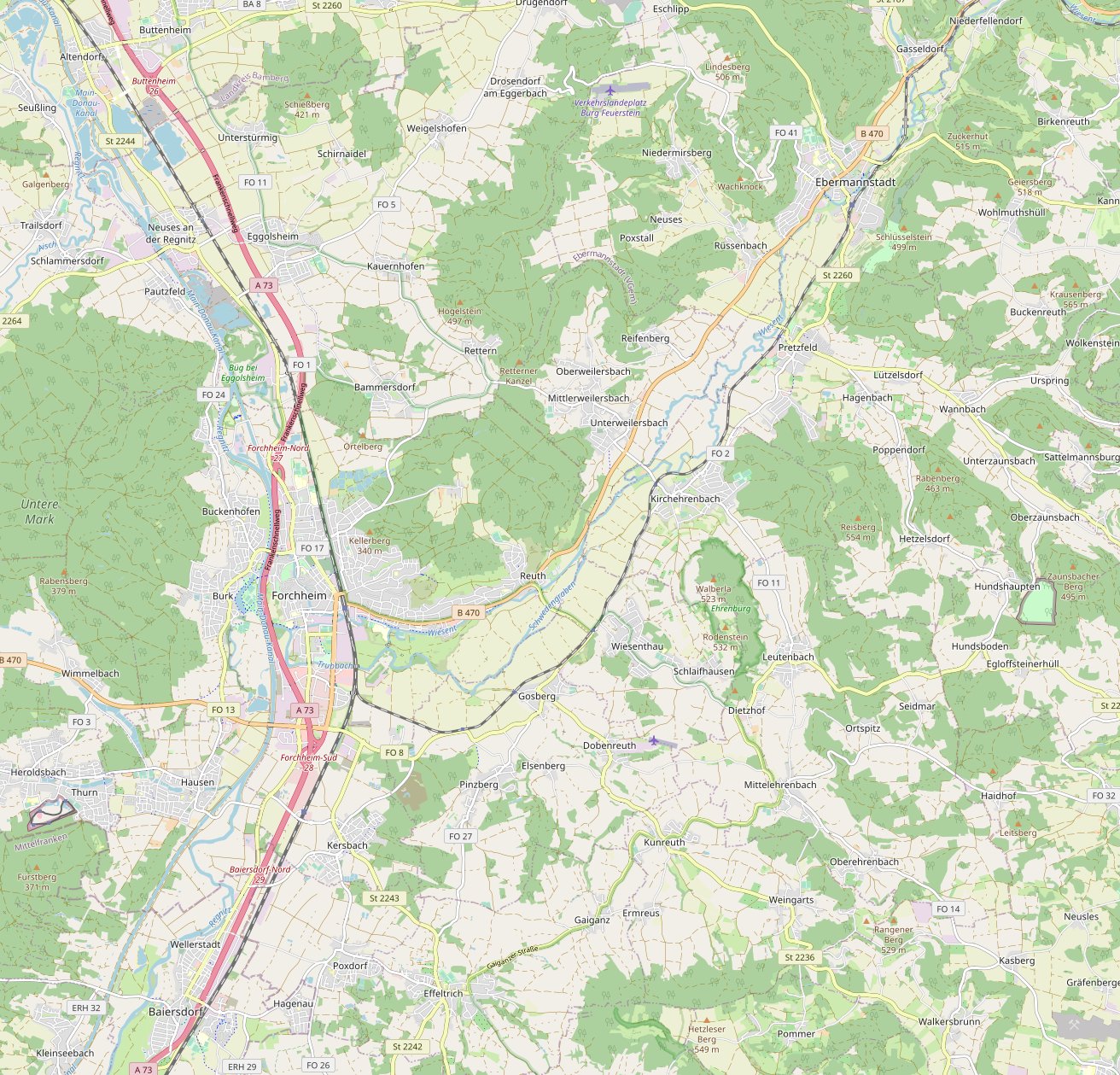 Karte Erlangen, Bamberg, Ebermannstadt